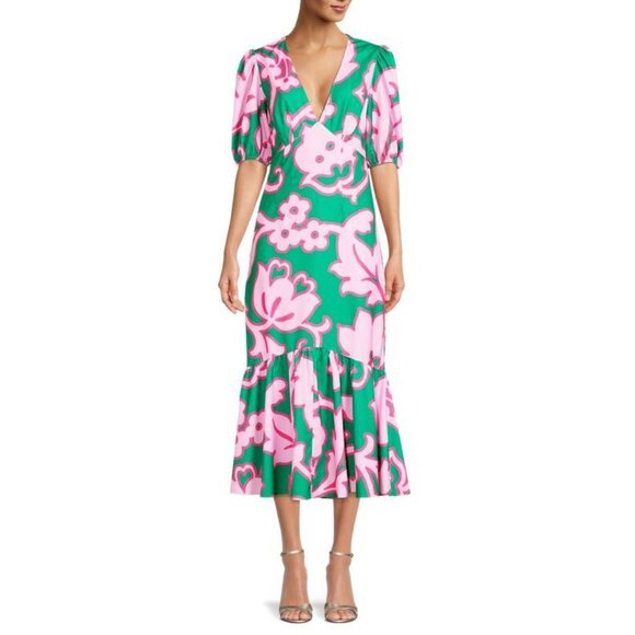 Rhode Ester Dress Take It Easy Grand Floral V-Neck Midi Puff Sleeve Size 0 - Picture 1 of 8